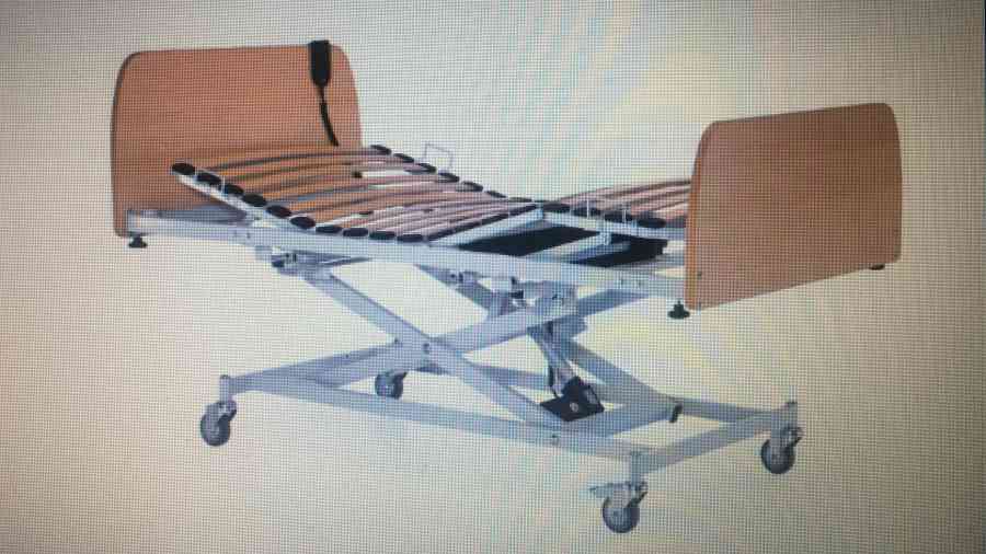 Cama articulada eléctrica con carro elevador. Barandillas. Cabecero y piecero. Colchón sanitario. 